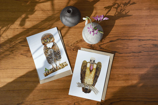 owl and vulture bird art card